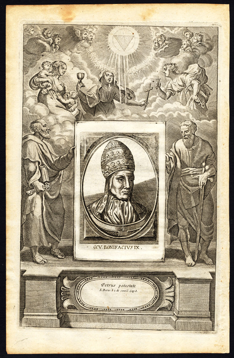 , Antique Print-POPE-SAINT-BONIFACE IX-BONIFACIUS-MOTHER MARY-CHERUB-Hazart-1678, Pictura Antique Prints