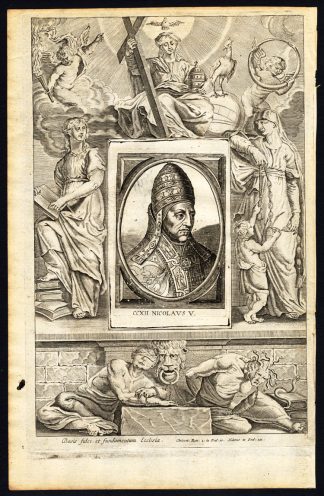 Antique Print-POPE-SAINT-NICHOLAS V-NICOLAUS-MOTHER MARY-CHERUBS-Hazart-1678
