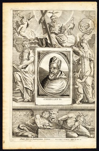 Antique Print-POPE-SAINT-LEO XI-MOTHER MARY-CHERUB-ALLEGORY-Hazart-1678