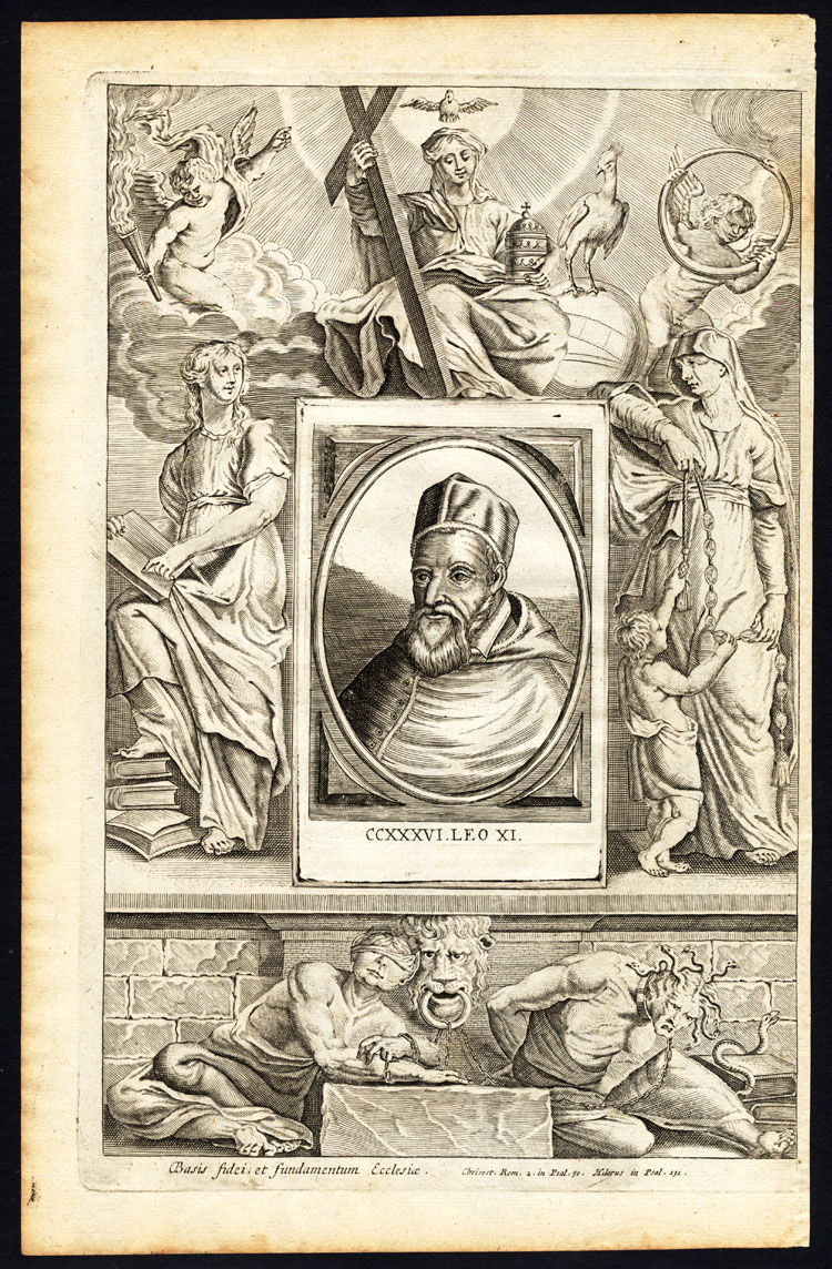 , Antique Print-POPE-SAINT-LEO XI-MOTHER MARY-CHERUB-ALLEGORY-Hazart-1678, Pictura Antique Prints