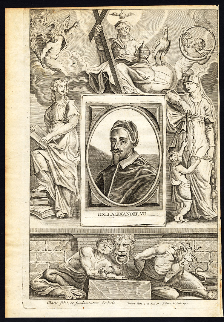 , Antique Print-POPE-SAINT-ALEXANDER VII-MOTHER MARY-CHERUB-ALLEGORY-Hazart-1678, Pictura Antique Prints