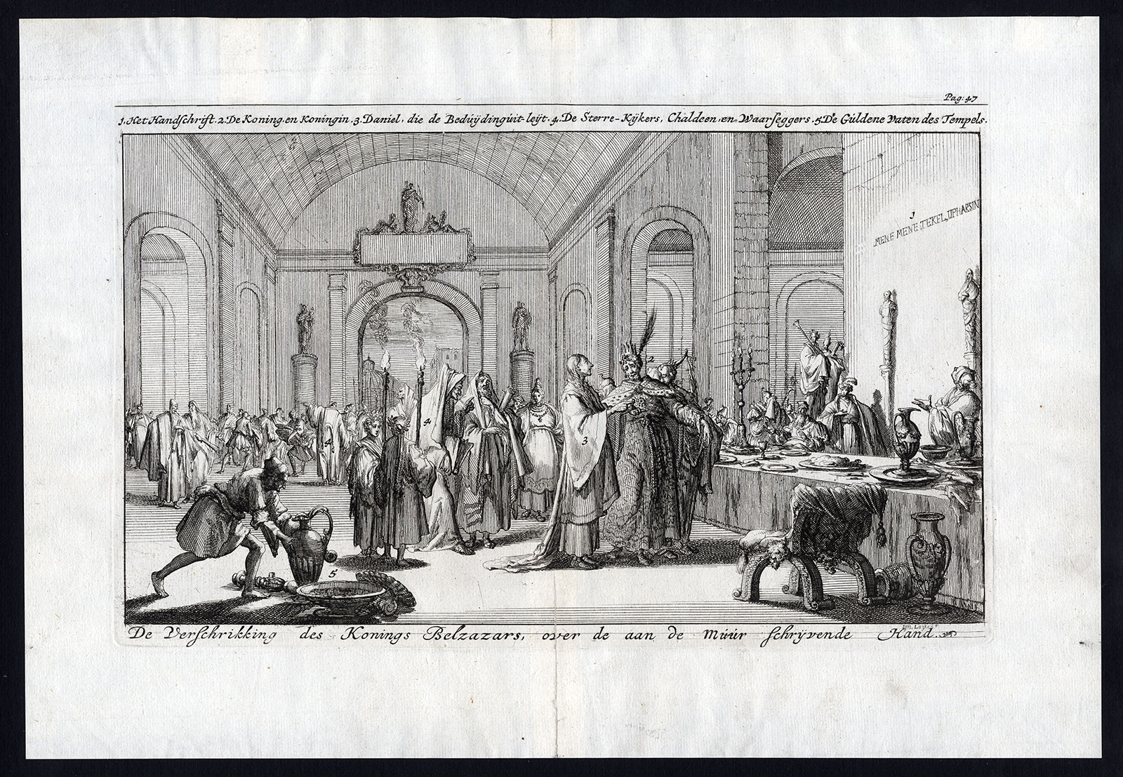 , Antique Print-BELSHAZZAR-WRITING-WALL-BIBLE-TEMPLE-BABYLON-Luyken-Aysma-1685, Pictura Antique Prints