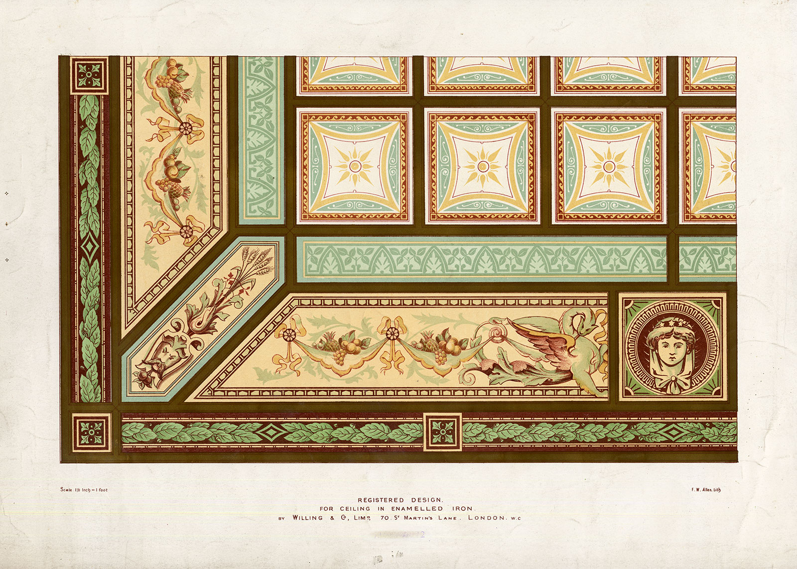 , Antique Print-DECORATION-ORNAMENT-19TH C-2-ENAMELLED IRON-CEILING-Allen-1890, Pictura Antique Prints