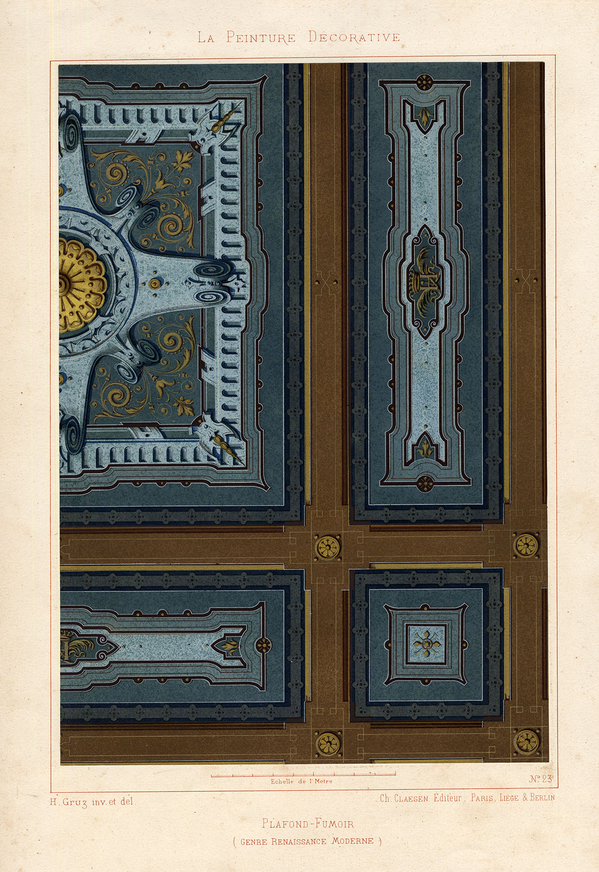 , Antique Print-DECORATION-CEILING-ORNAMENT-PLATE 23-RENAISSANCE STYLE-Gruz-1860, Pictura Antique Prints