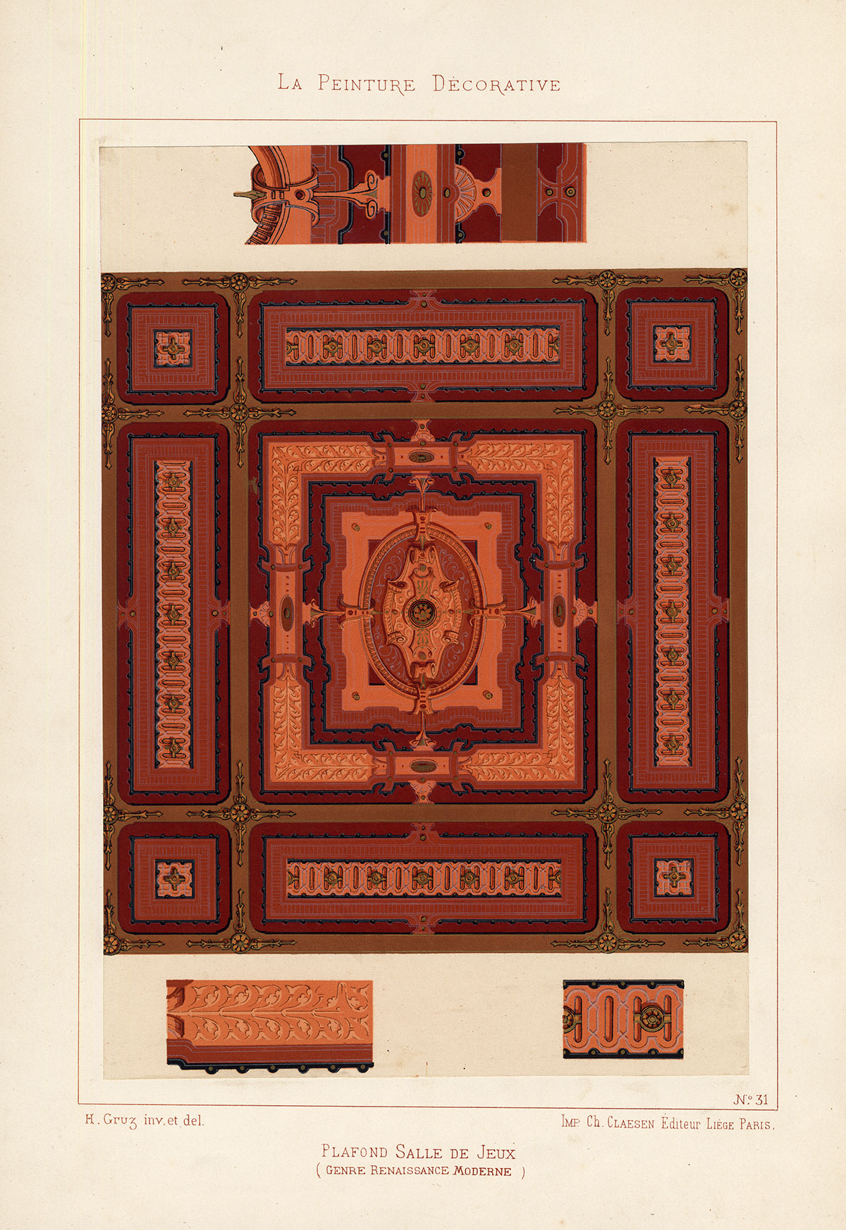 , Antique Print-GAME HALL-CEILING-ORNAMENT-PLATE 31-RENAISSANCE STYLE-Gruz-1860, Pictura Antique Prints