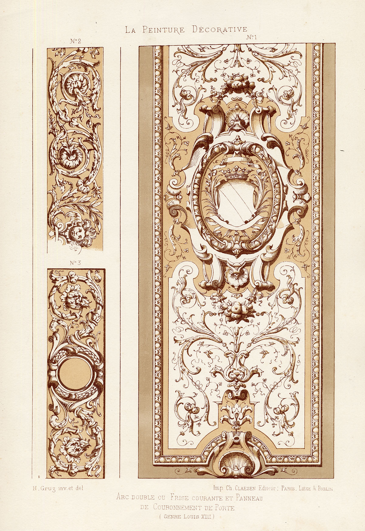 , Antique Print-DECORATION-ORNAMENT-LOUIS XIII STYLE-CORNICE-PLATE 5-Gruz-1860, Pictura Antique Prints