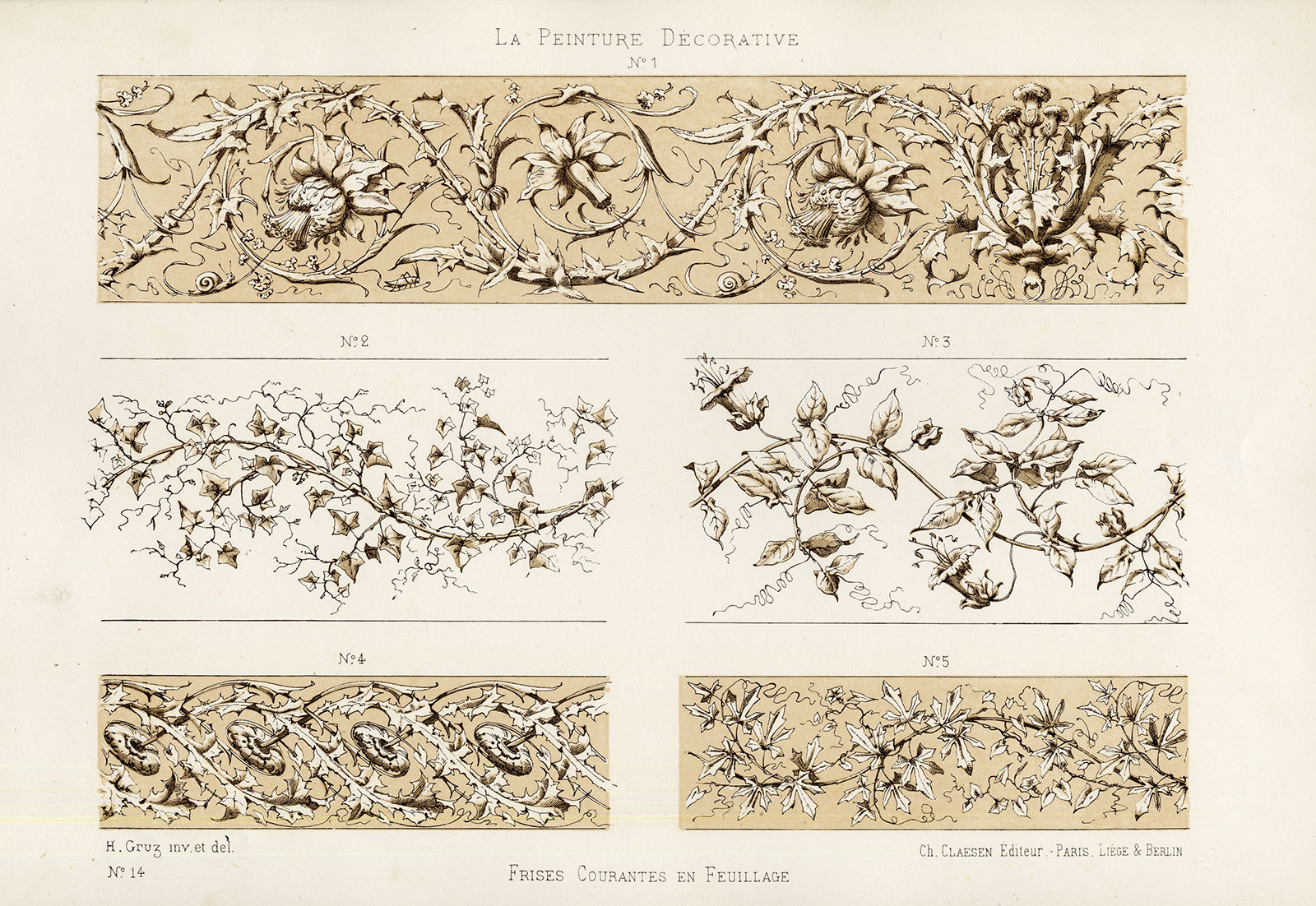 , Antique Print-DECORATION-ORNAMENT-LEAVES-PLATE 14-Gruz-1860, Pictura Antique Prints
