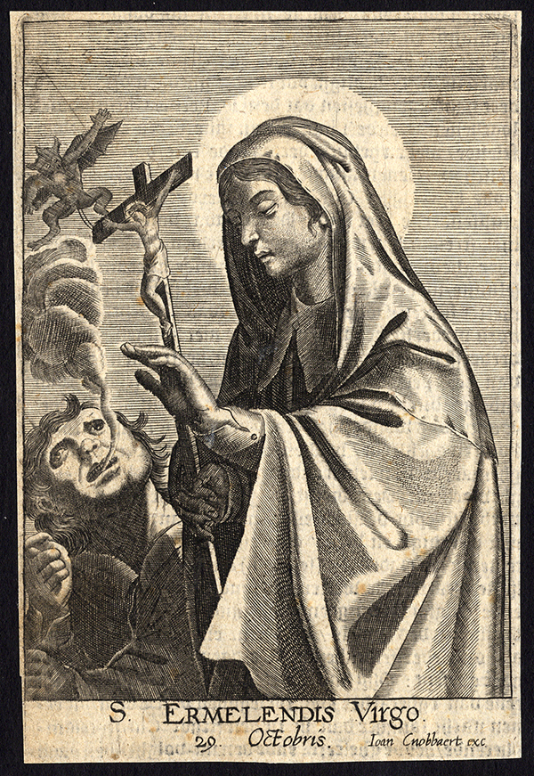 , Antique Print-SAINT ERMELINDE-ERMELENDIS-PORTRAIT-Rosweydus-Cnobbaert-1626, Pictura Antique Prints