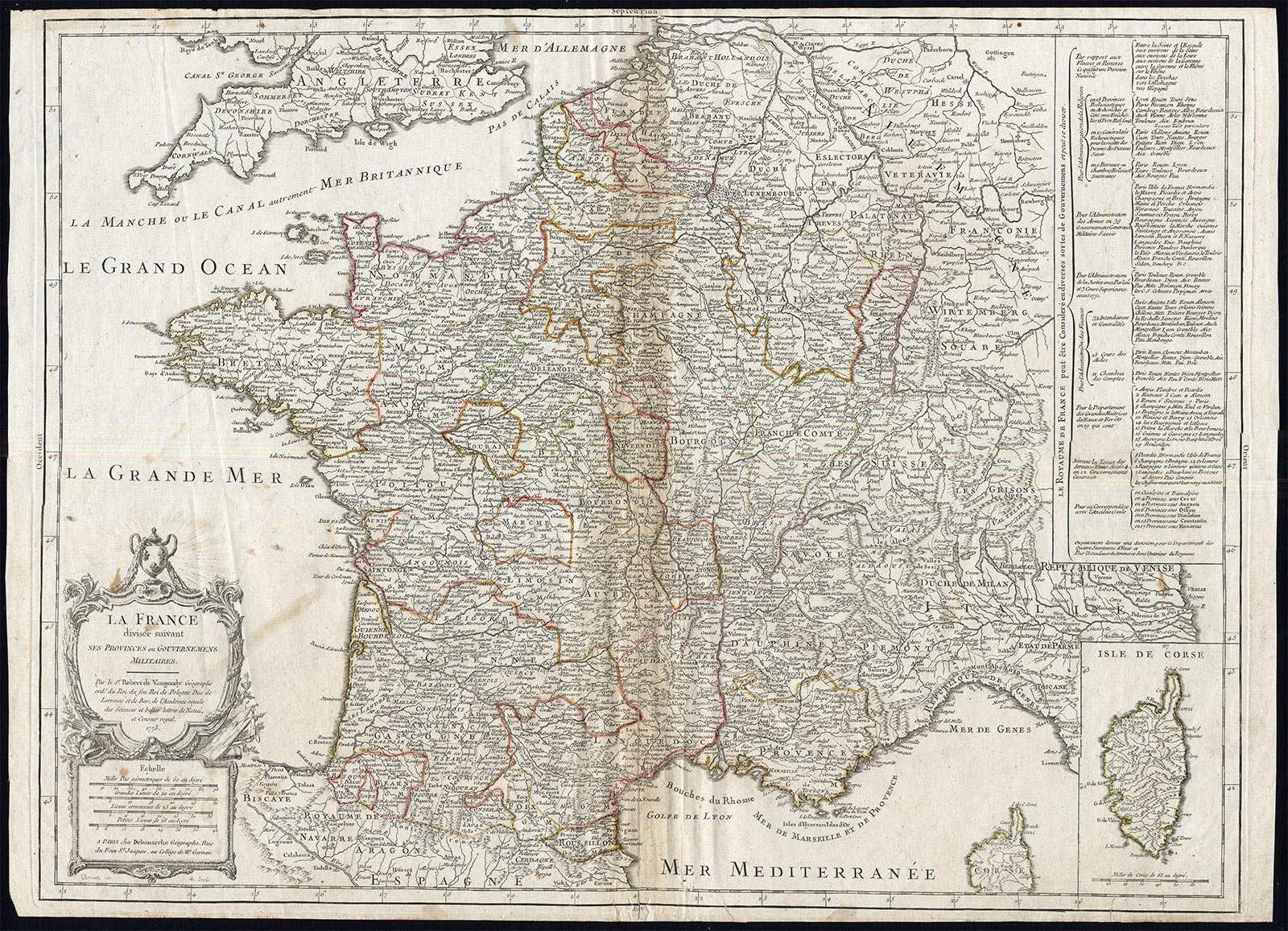 , Antique Map-FRANCE-PROVINCES-MILTARY GOVERNMENT-Vaugondy-Delamarche-1773, Pictura Antique Prints