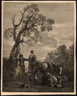 Antique Master Print-FARMER-CATTLE-GOAT-COW-C. Visscher-de Laer-ca. 1650