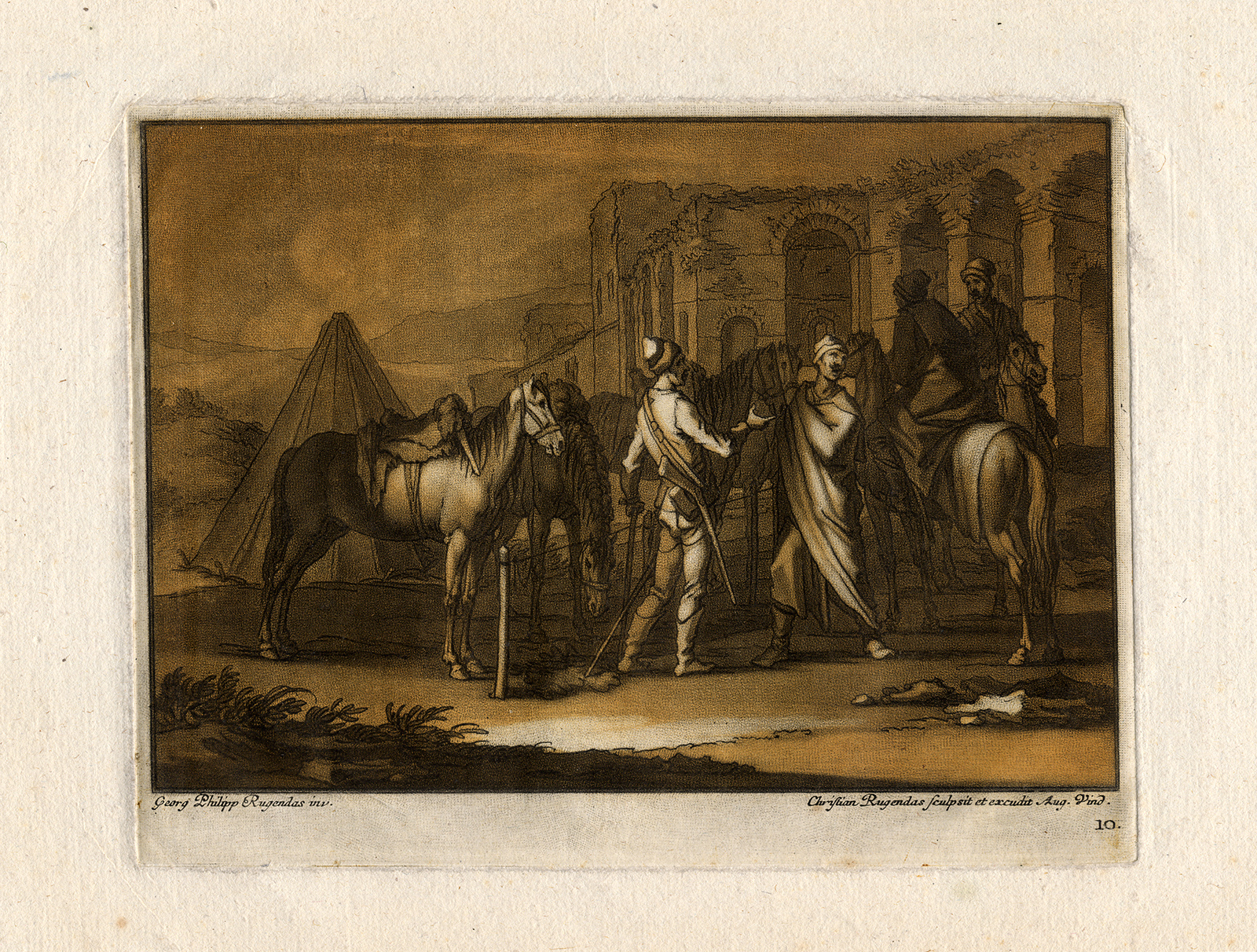 , Antique Master Print-RUIN-TENT-SOLDIER-HORSE-Rugendas-ca. 1750, Pictura Antique Prints