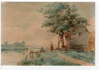 Antique Drawing-LANDSCAPE-CABIN-FIGURES-AMSTERDAM-Kiers-c.1875