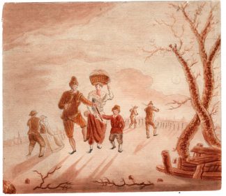 Antique Drawing-DUTCH WINTER SCENE-SCATING-SLEDGE-SUNSET-Anonymous-c.1800