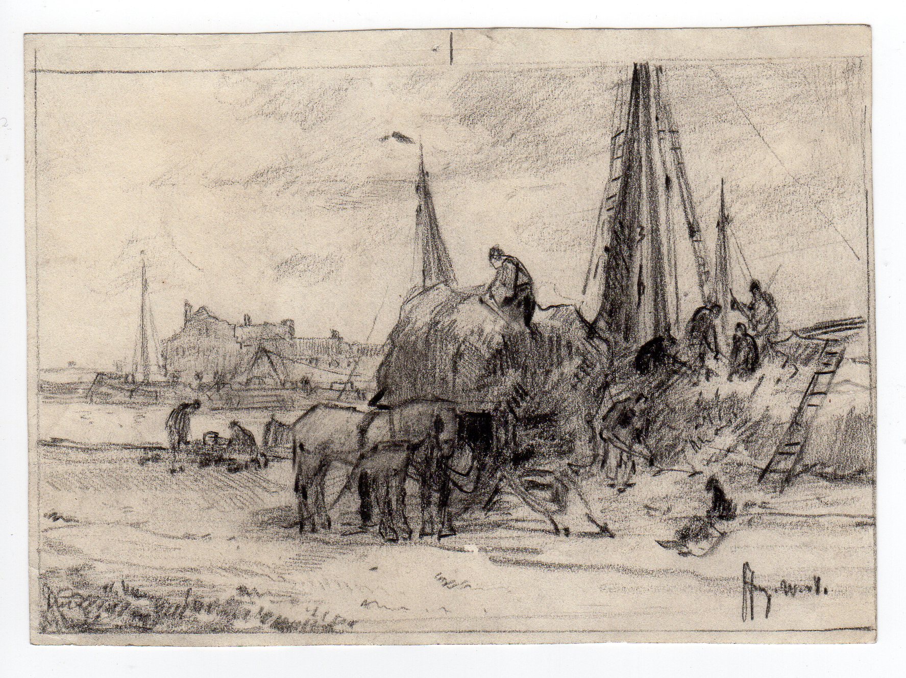Pc 0268 416x311 Antique Drawing-HAY-SHIP-HARBOUR-ROTTERDAM-IMPRESSIONISM-van Voorden-c.1905