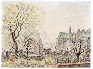 Antique Drawing-KLEVE-RUINS AFTER WWII-W. Roleff-1946