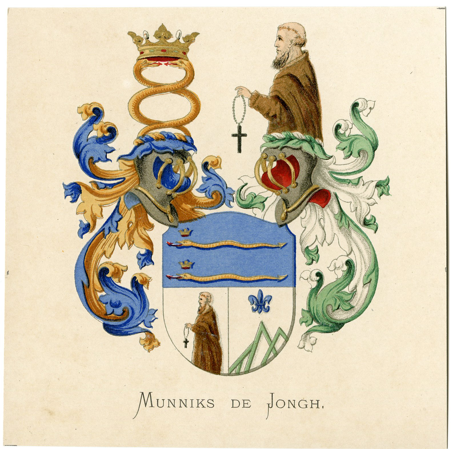 , Antique Print-MUNNIKS DE JONGH-COAT OF ARMS-FAMILY CREST-Vorsterman-Wenning-1885, Pictura Antique Prints