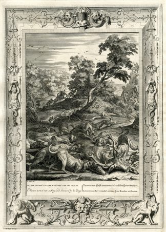 Antique Mythology Print-ACTEON-DIANA-DEER-Picart-1733