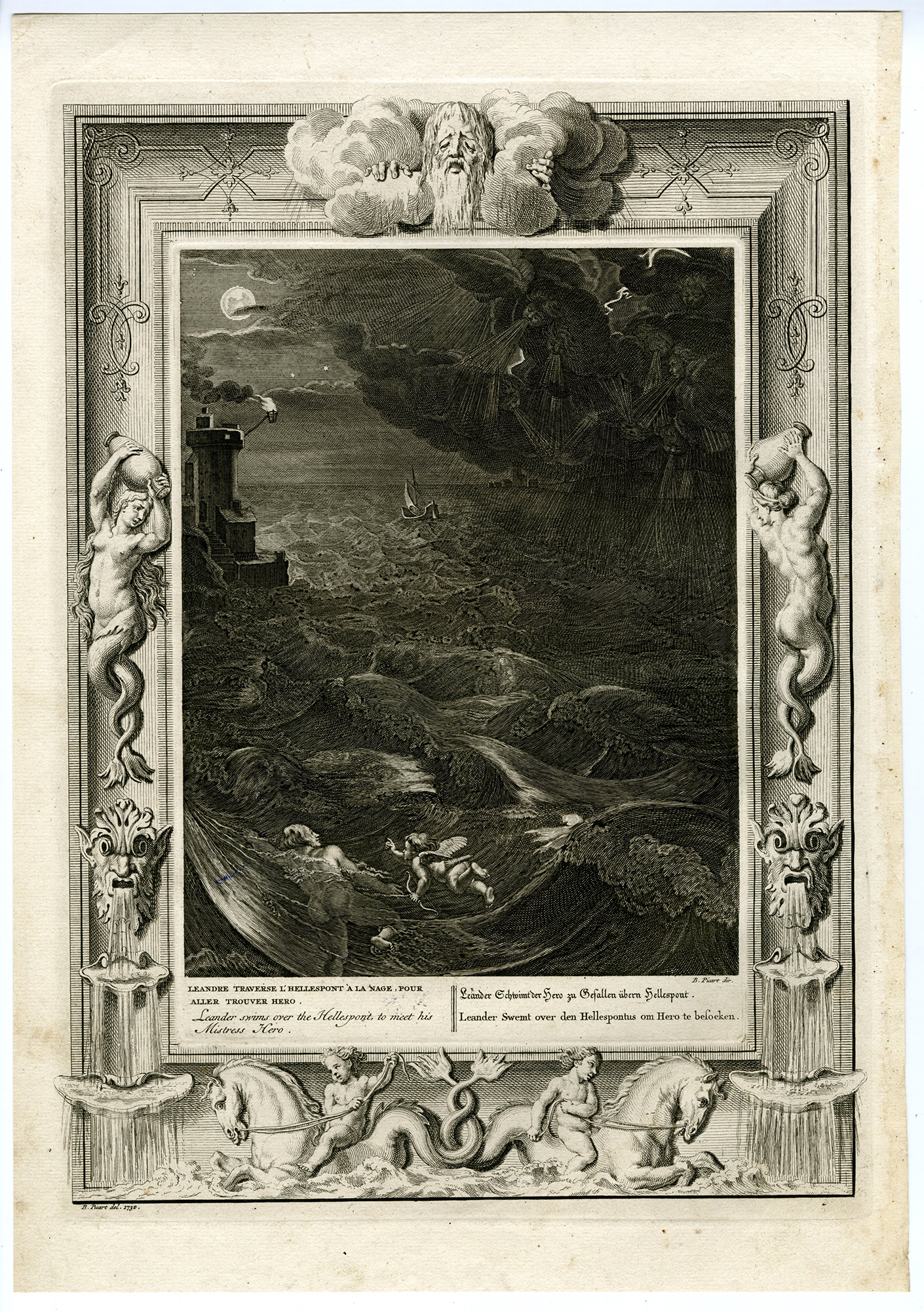, Antique Mythology Print-LEANDER-HERO-OVID-Picart-1733, Pictura Antique Prints