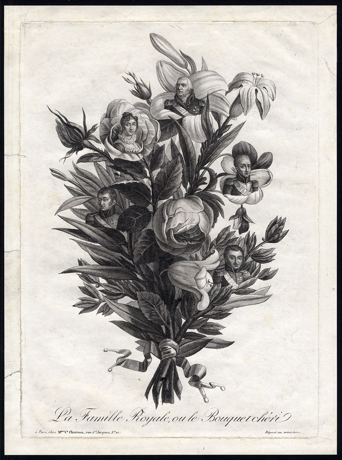 , Rare Antique Master Print-BOURBON RESTORATION-LOUIS XVIII-BOUQUET-Chereau-1815, Pictura Antique Prints