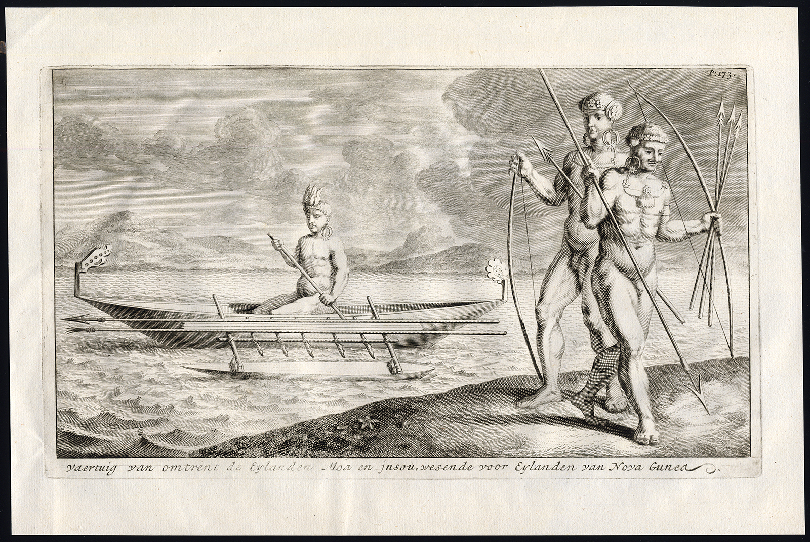 , Very rare Antique Print-CANOE-CATAMARAN-INDIGENOUS WARRIOR-NEW GUINEA-Witsen-169, Pictura Antique Prints