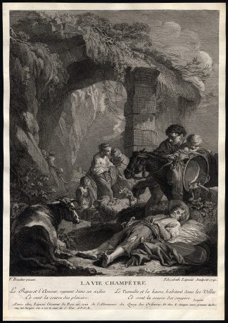 Antique Master Print-PONY-SHEEP-FAMILY-SHEPHERDS-Boucher-Lepicie-1741