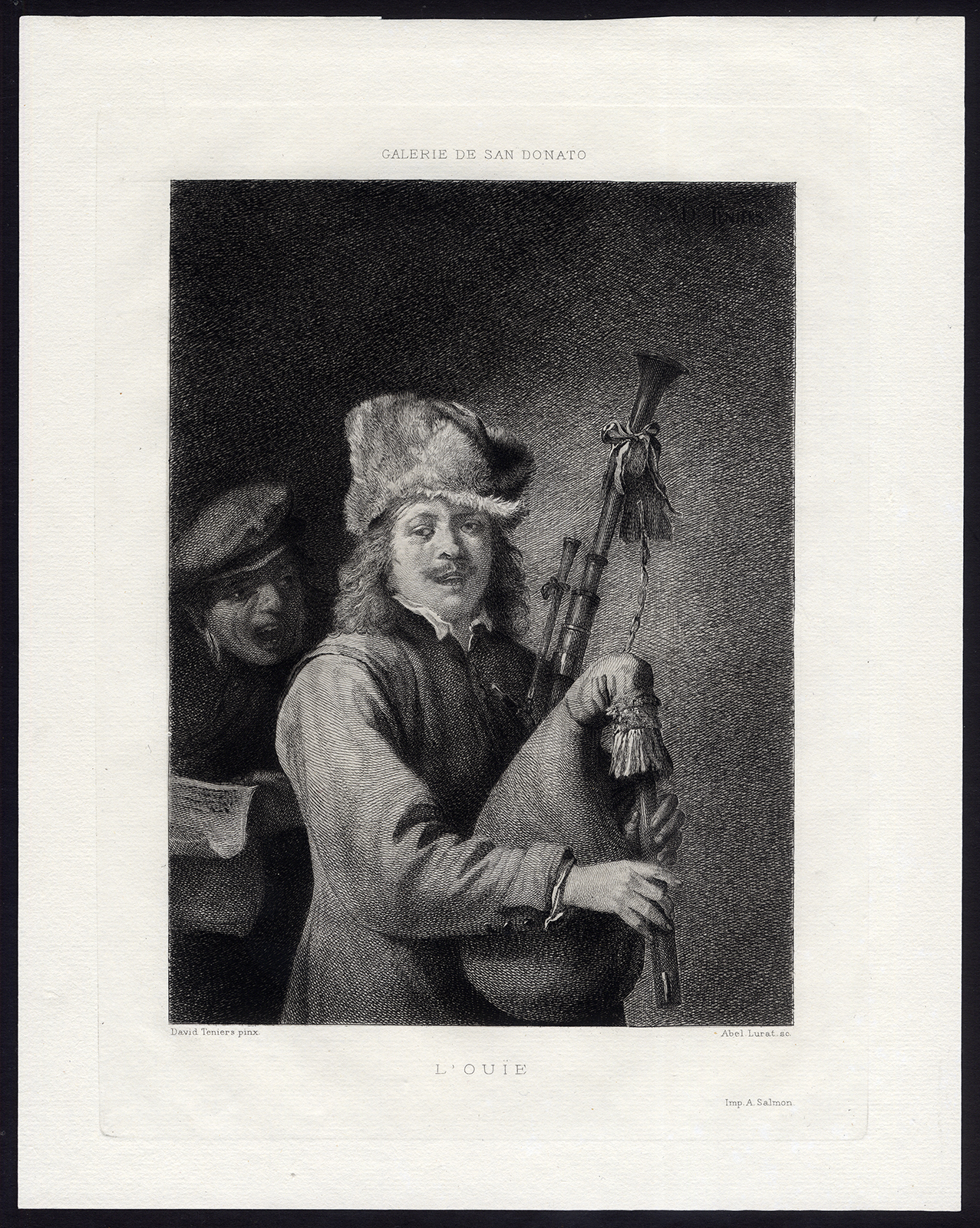 , 4 Antique Master Prints-SENSES-TOUCH-SIGHT-HEARING-TASTE-BAGPIPE-Teniers-c. 1850, Pictura Antique Prints