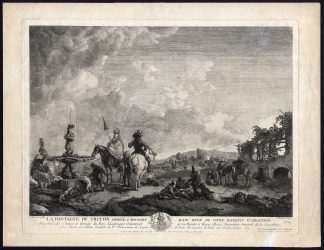 Antique Master Print-FOUNTAIN-LANDSCAPE-TRITON-NOBLE-Moyreau-Wouwermans-1750