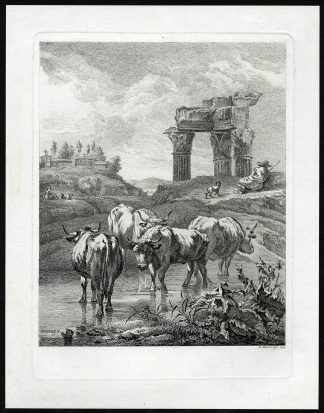Antique Master Print-SHEPHERD-CATTLE-RUIN-TEMPLE-Bartsch-Romeyn-1806