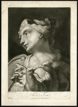 Antique Print-FIRE-WOMAN-PIGEON-Christ-ca. 1740