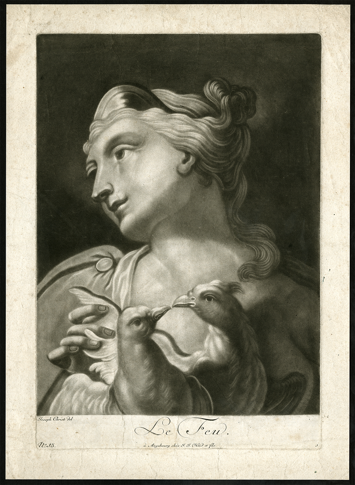 , Antique Print-FIRE-WOMAN-PIGEON-Christ-ca. 1740, Pictura Antique Prints