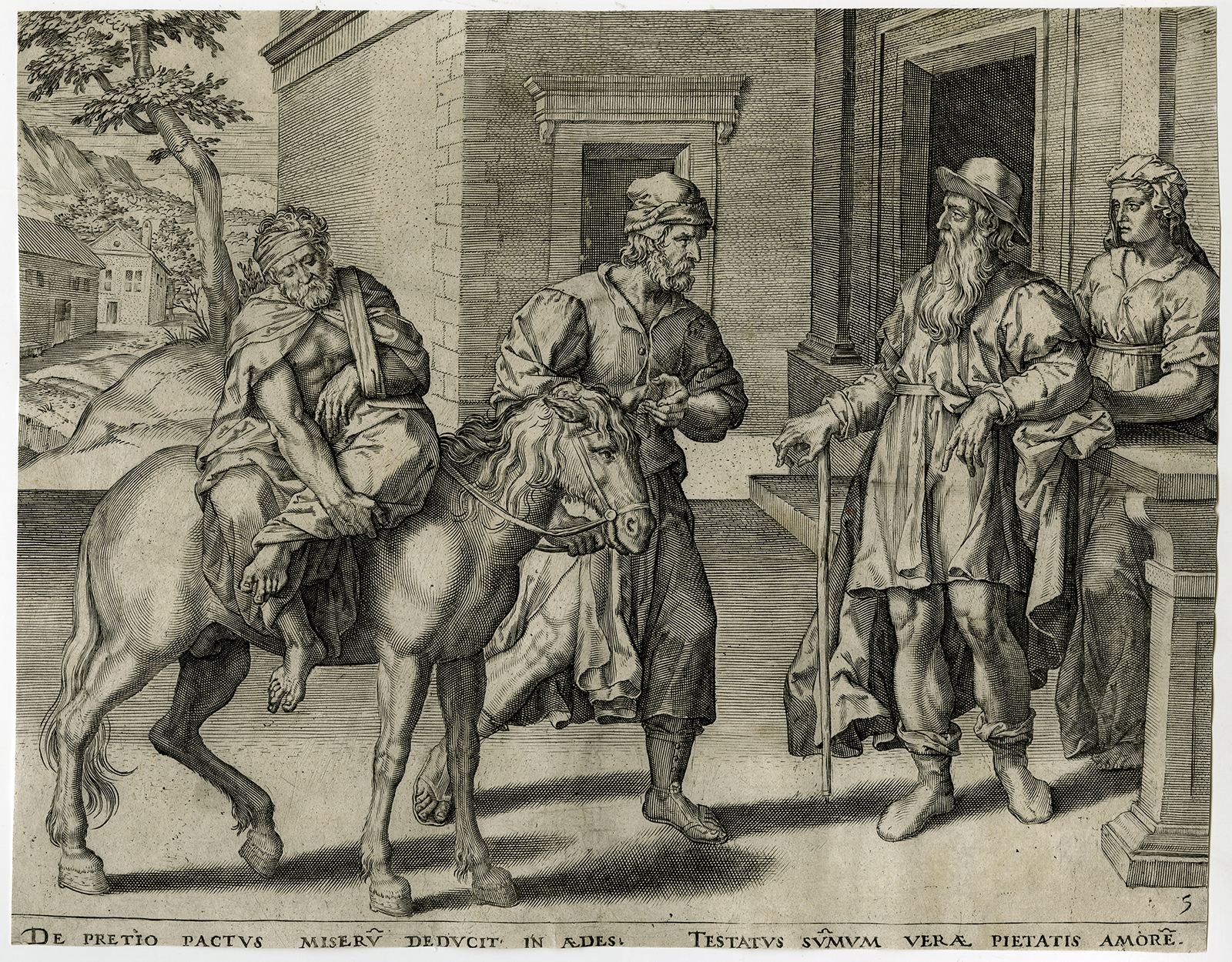 , Antique Print-GENRE-HORSE CARRYING MAN-Furnius-ca. 1600, Pictura Antique Prints