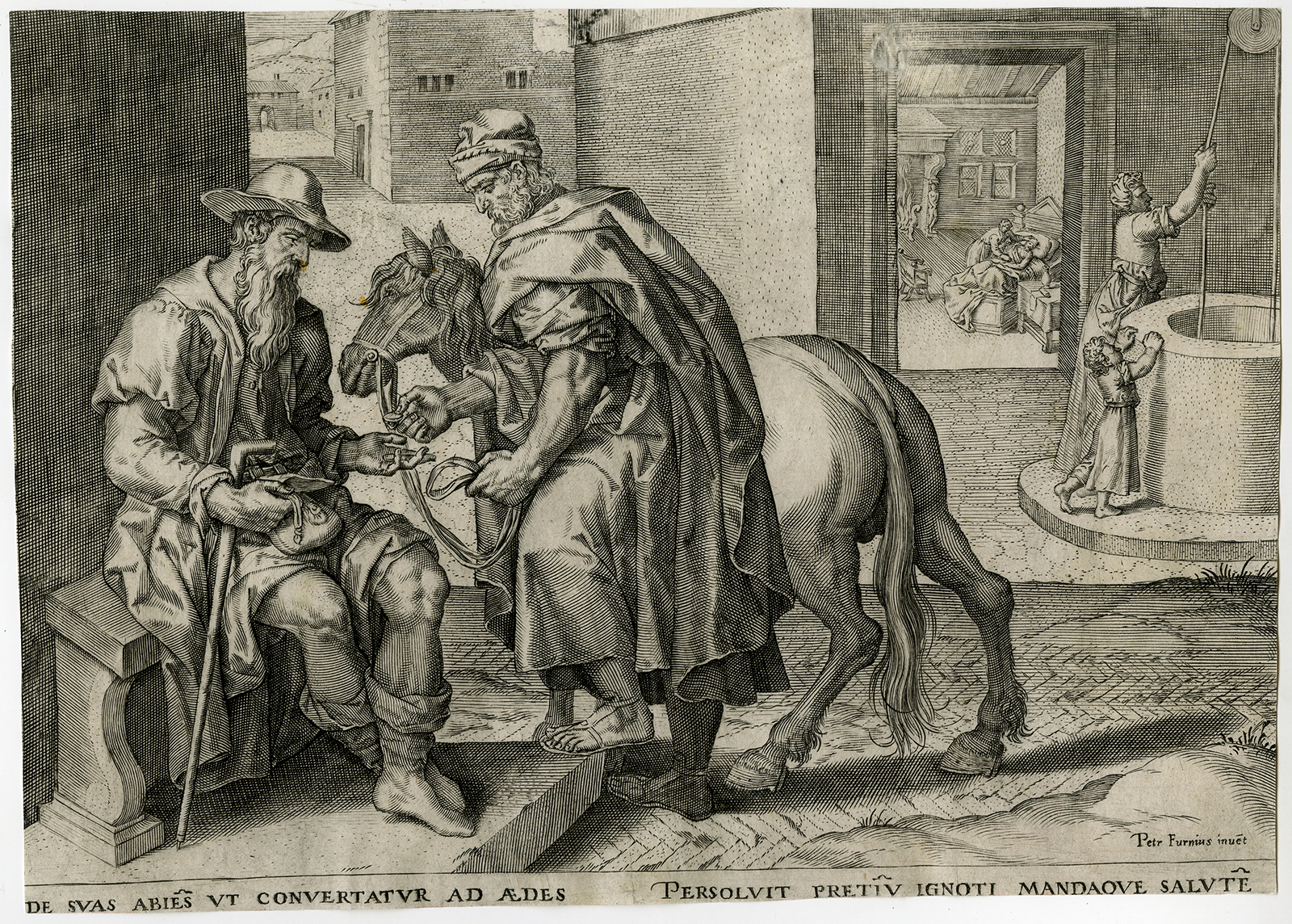 , Antique Print-GENRE-HORSE-MAN SETTLING DEBT-Furnius-ca. 1600, Pictura Antique Prints