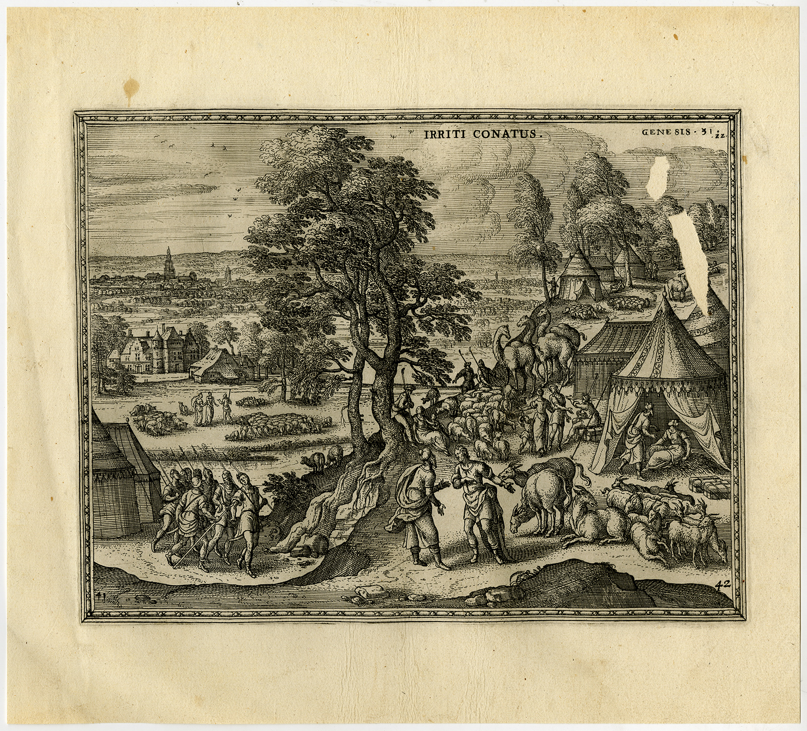 Cb3900 416x377 Rare Antique Master Print-JACOB-LABAN-FLIGHT-GILEAD-TENT-van der Borcht-1653