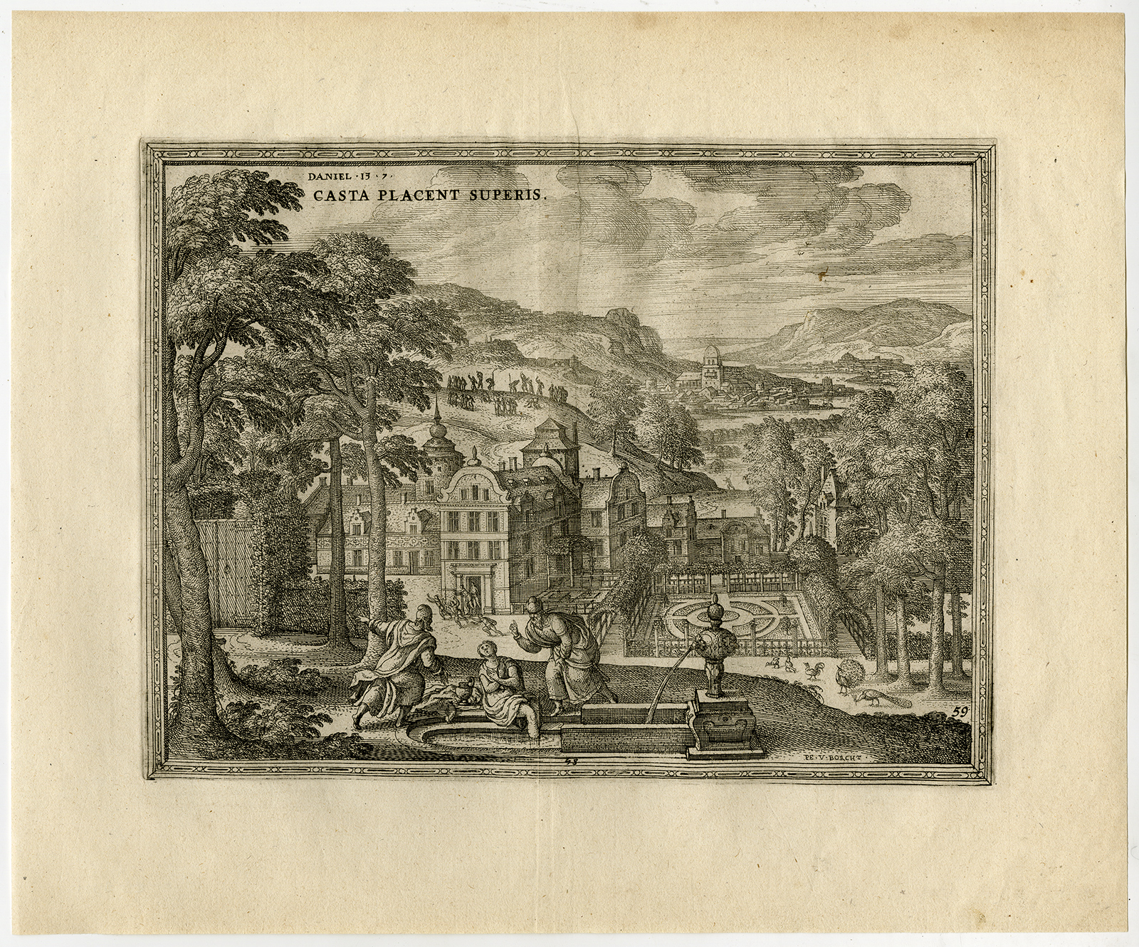 , Rare Antique Master Print-SUSANNA-BATHING-GARDEN-LUSTFUL MEN-van der Borcht-1653, Pictura Antique Prints
