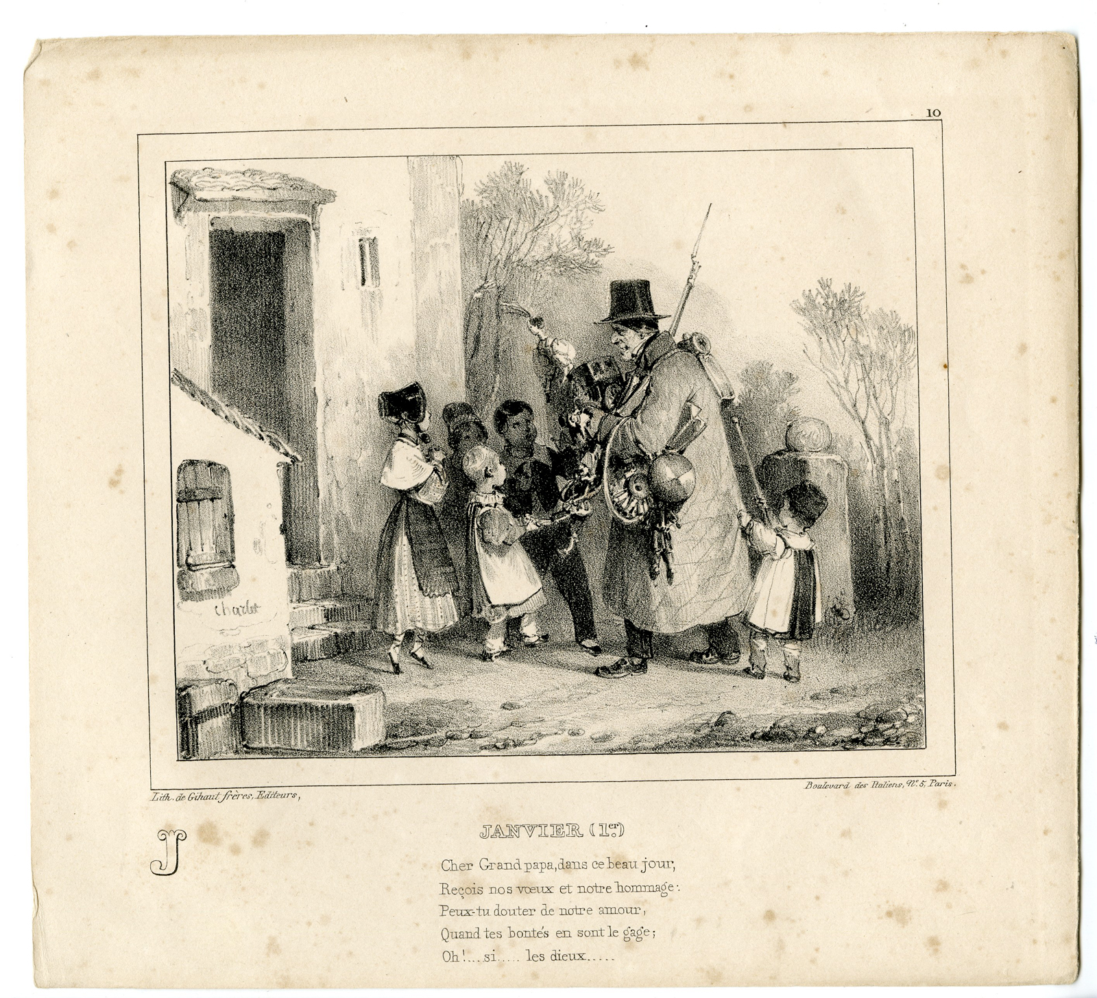 , Antique Print-GRANDFATHER-CHILDREN-NEWYEAR-WISHES-ALPHABET-PL.10-Charlet-1835, Pictura Antique Prints