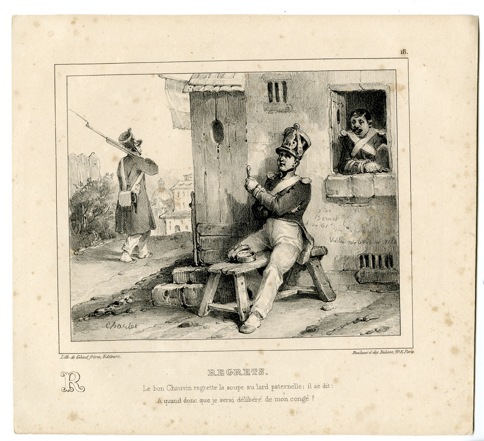 , Antique Print-SOLDIER-THINKING-SITTING-BUILDING-ALPHABET-PL.18-Charlet-1835, Pictura Antique Prints
