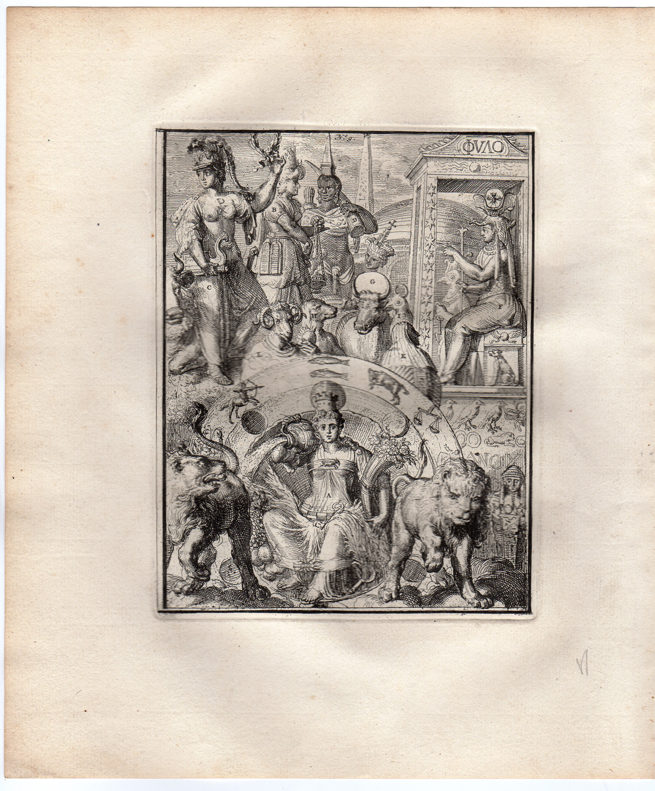 , Antique Print-EARTH-CONTINENTS-HYROGLYPHIC-SYMBOL-de Hooghe-1735, Pictura Antique Prints