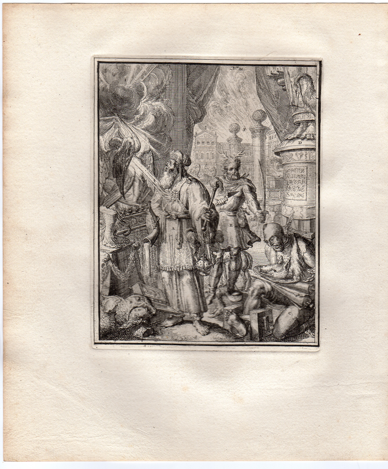 , Antique Print-PRIEST-DIVINE PUNISHMENT-HYROGLYPHIC-SYMBOL-de Hooghe-1735, Pictura Antique Prints