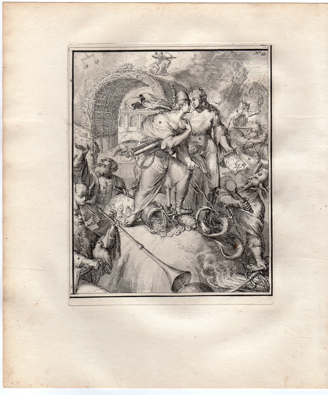 , Antique Print-ICONOGRAPHY-GOD’S TRUTH-PEACE-HYROGLYPHIC-de Hooghe-1735, Pictura Antique Prints