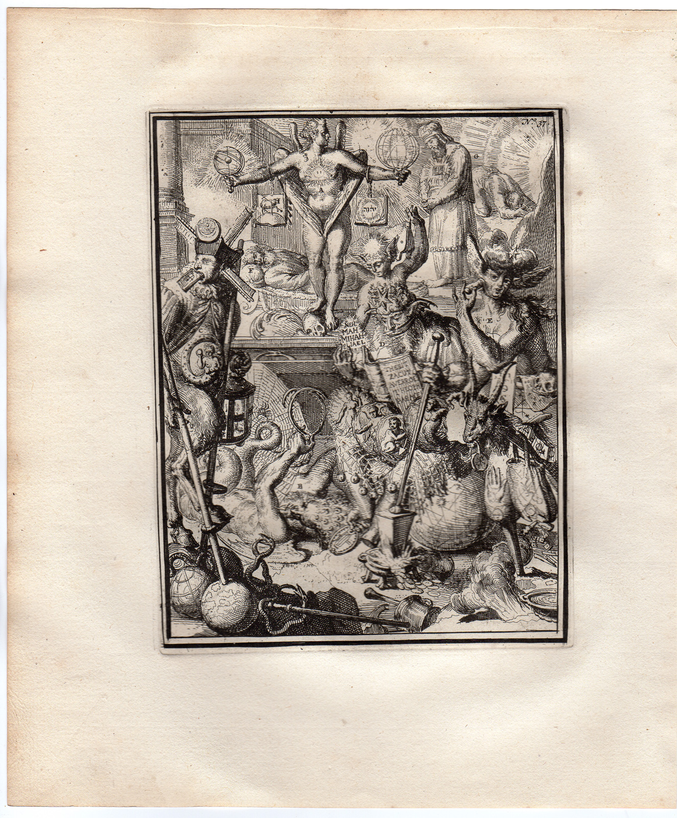 , Antique Print-CABALLA-THEOLOGY-ICONOGRAPHY-HYROGLYPHIC-de Hooghe-1735, Pictura Antique Prints