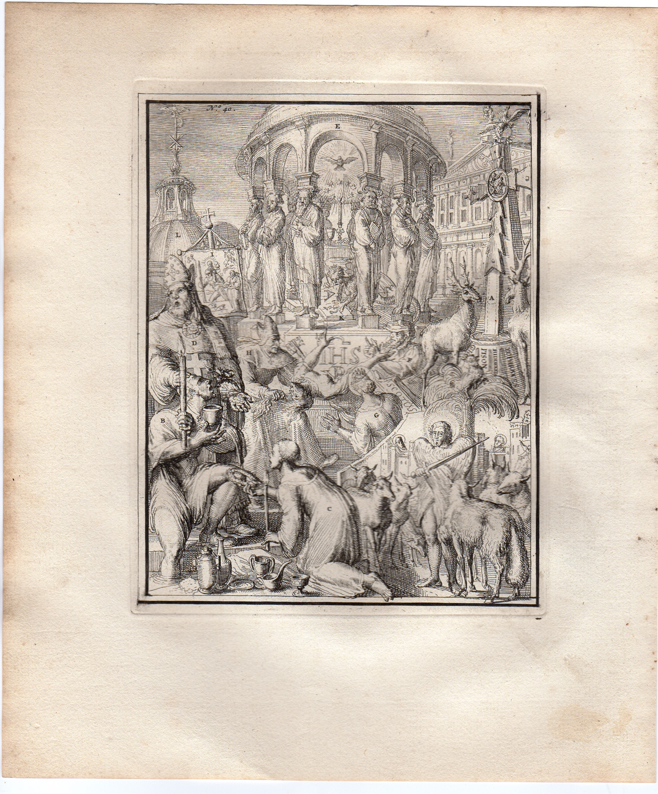 , Antique Print-ICONOGRAPHY-CHURCH RULE-CHRISTIAN-HYROGLYPHIC-de Hooghe-1735, Pictura Antique Prints