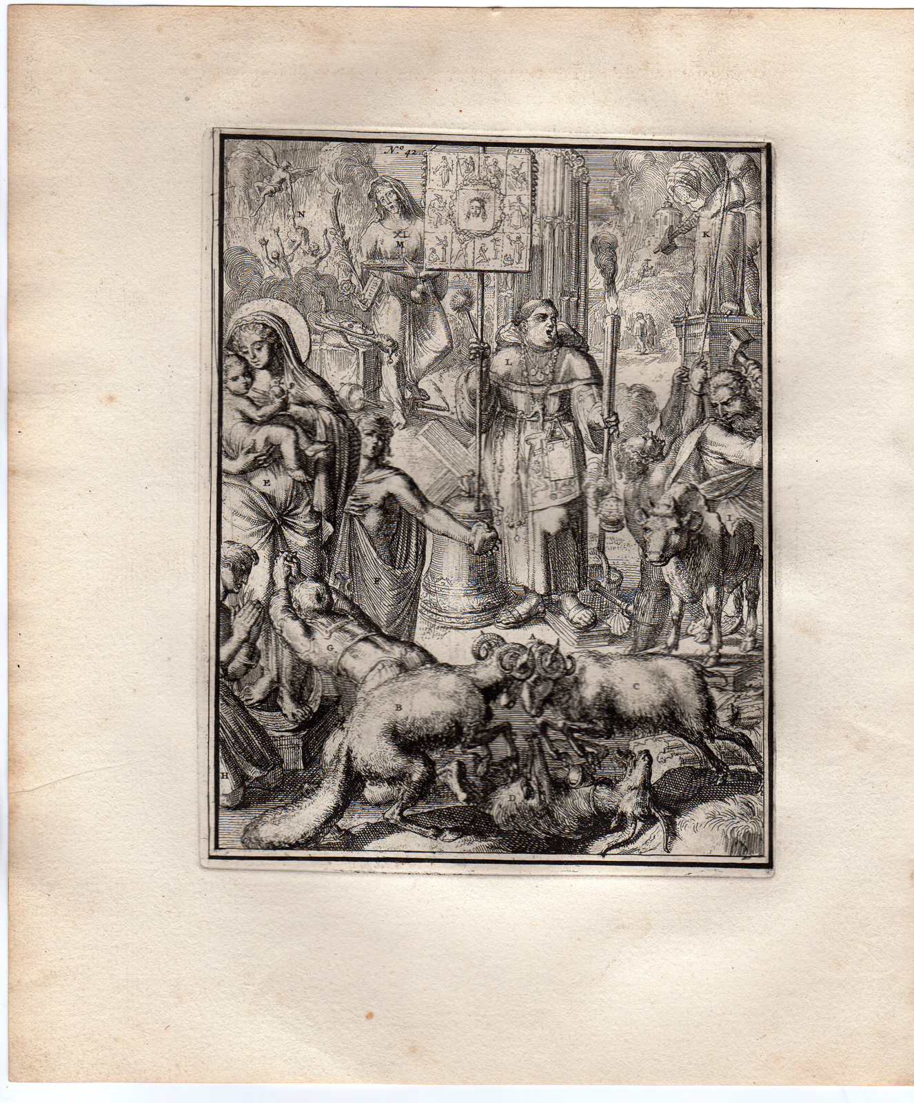 Pco 0679 416x502 Antique Print-ICONOGRAPHY-DIVISION OF CHURCH-HYROGLYPHIC-de Hooghe-1735