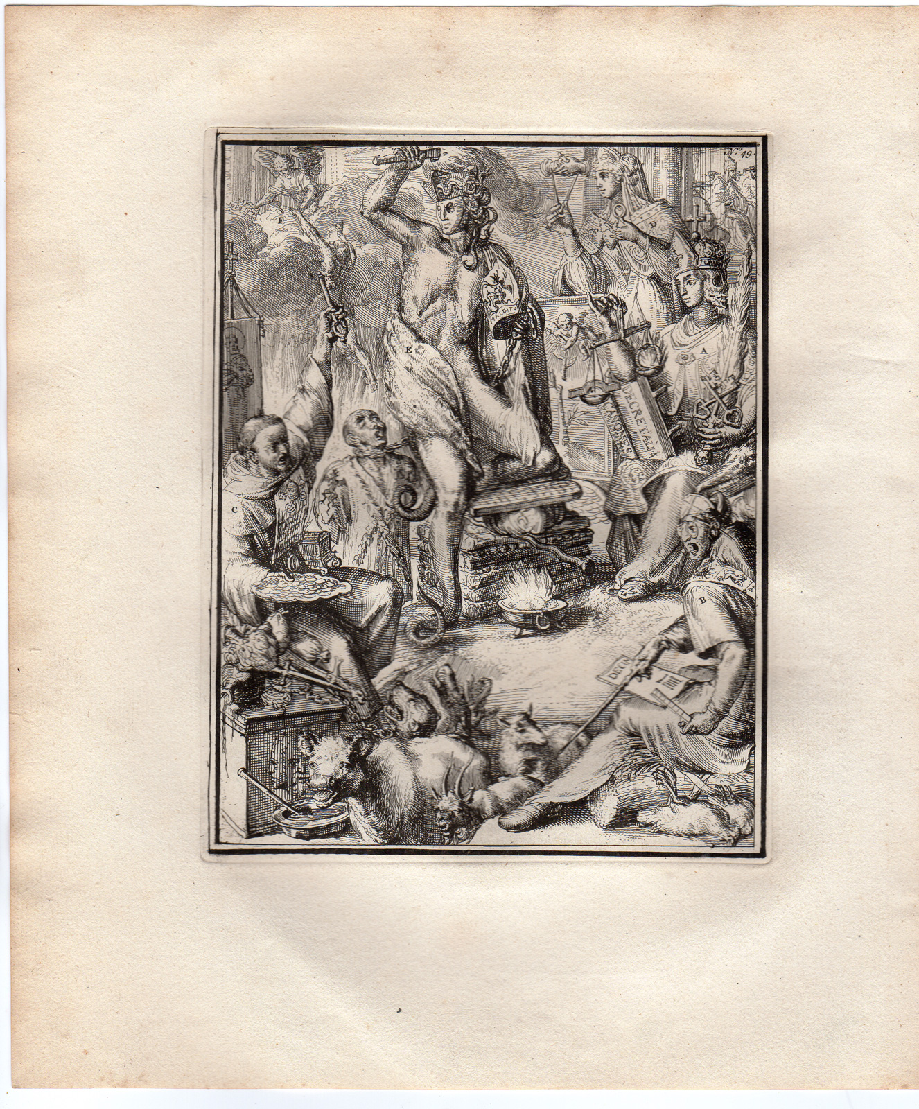 , Antique Print-TITHE-INDULGENCE-INQUISITION-HYROGLYPHIC-de Hooghe-1735, Pictura Antique Prints