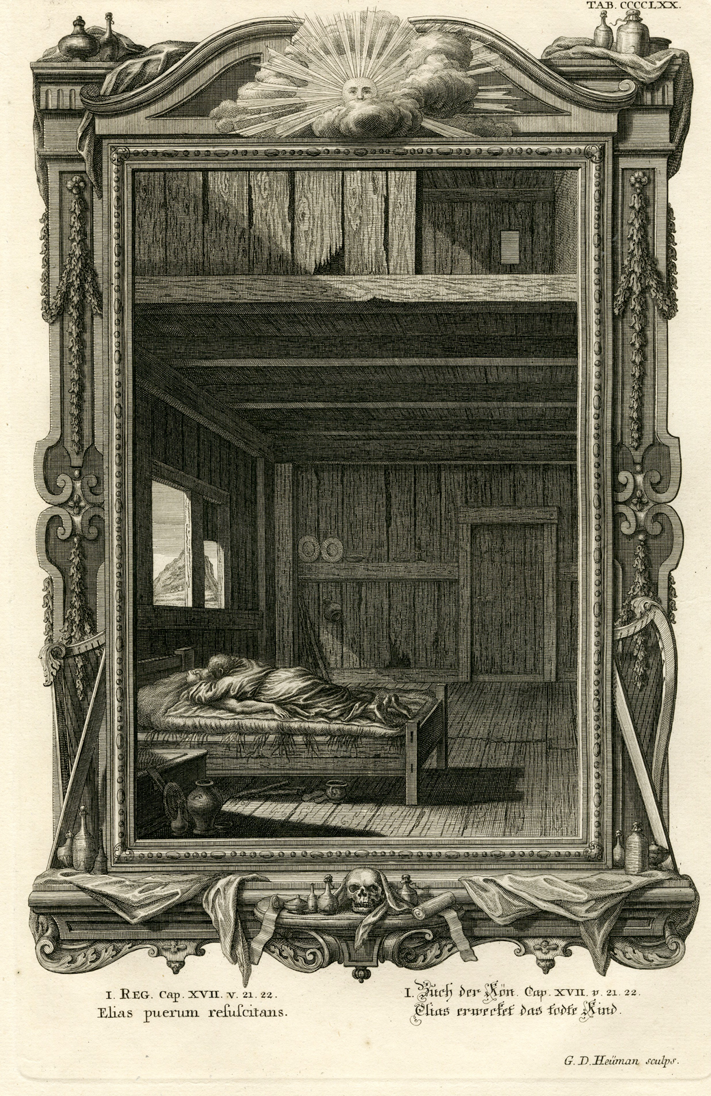 , Antique Print-ELIJAH-BOY-RAISED FROM THE DEAD-TAB.CCCCLXX-Scheuchzer-c.1731, Pictura Antique Prints