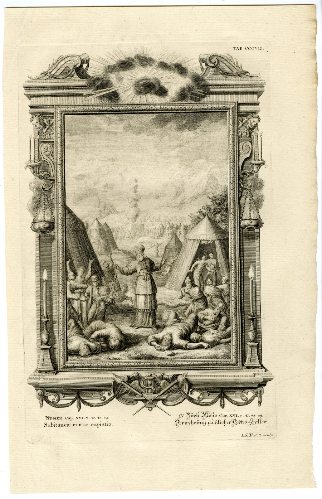 , Antique Print-AARON-INCENSE-PLAGUE-MOSES-NUMBERS-TAB.CCCVIII-Scheuchzer-c.1731, Pictura Antique Prints