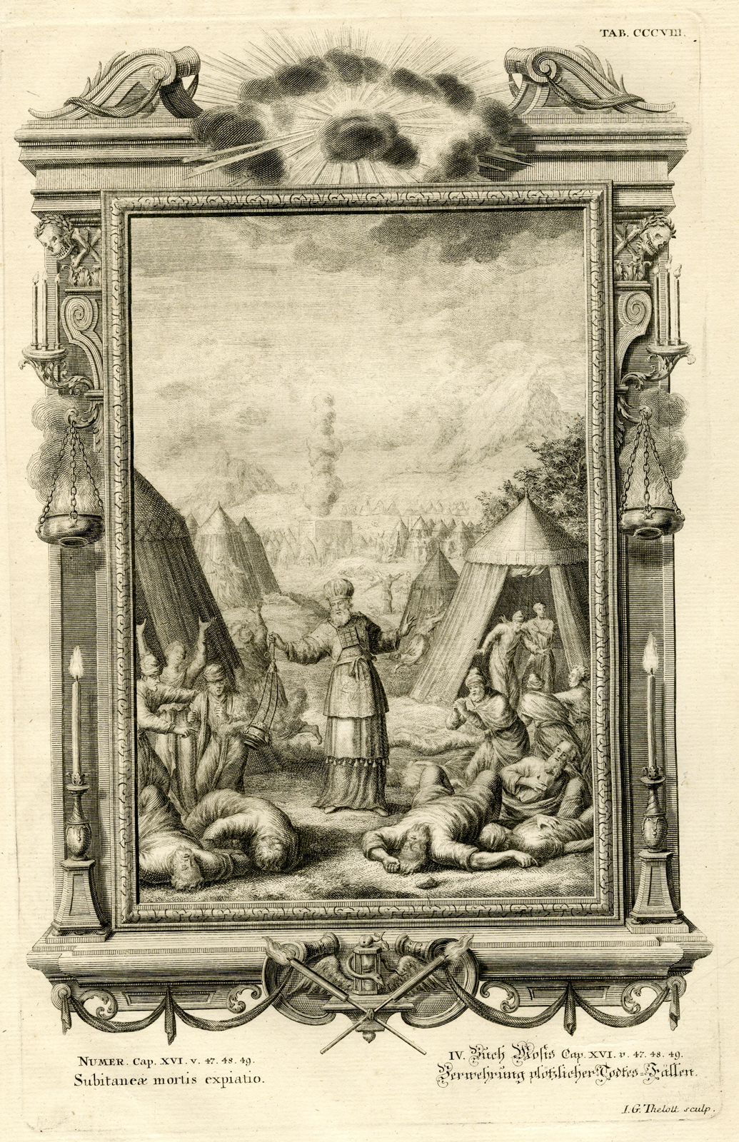 , Antique Print-AARON-INCENSE-PLAGUE-MOSES-NUMBERS-TAB.CCCVIII-Scheuchzer-c.1731, Pictura Antique Prints