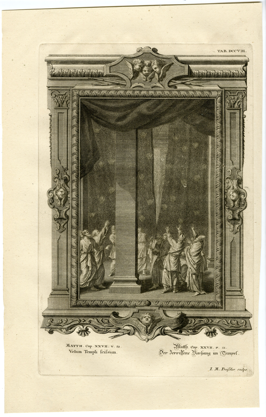 , Antique Print-TEMPLE-TORN CURTAIN-MATTHEW-TAB.DCCVIII-Scheuchzer-c.1731, Pictura Antique Prints