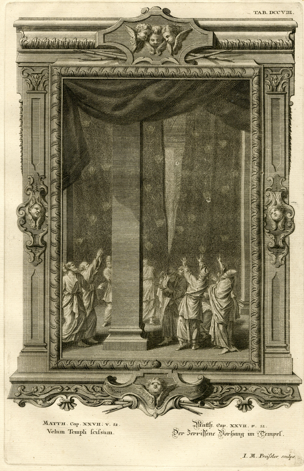 , Antique Print-TEMPLE-TORN CURTAIN-MATTHEW-TAB.DCCVIII-Scheuchzer-c.1731, Pictura Antique Prints