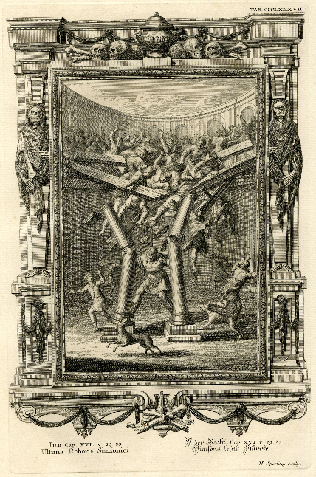, Antique Print-SAMSON DESTROYS THE TEMPLE-TAB.CCCLXXXVII-Scheuchzer-c.1731, Pictura Antique Prints
