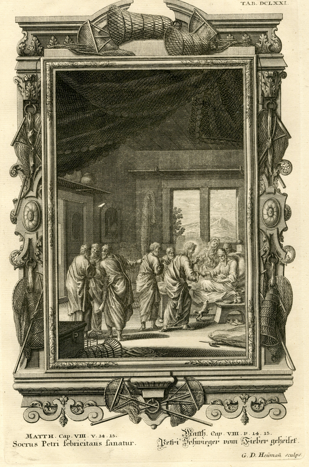 , Antique Print-JESUS-HEALING-PETER-MOTHER IN LAW-TAB.DCLXXI-Scheuchzer-c.1731, Pictura Antique Prints